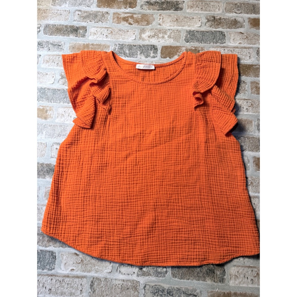 Ces Femme Orange Gauze Ruffle Sleeve Top Womens Large Boho‎ Crinkle Blouse